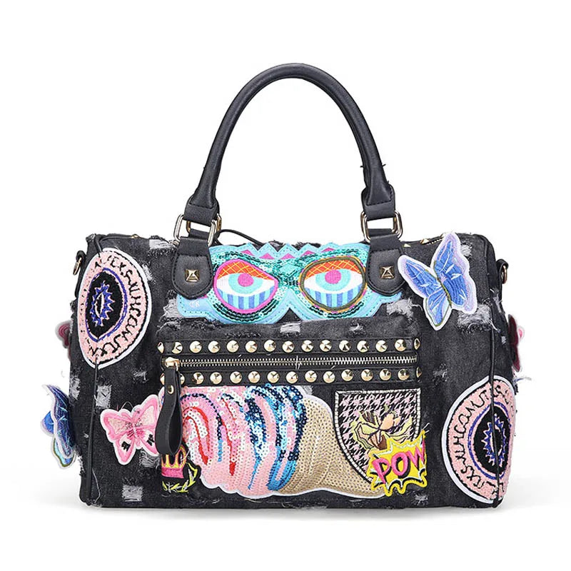 iPinee New Women Luggage Travel Bags Cute Cartoon Daypack Denim Bags Handbags Fashion Shoulder Bag Female