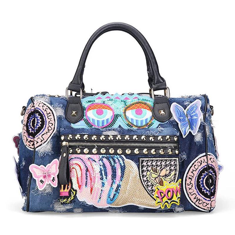 iPinee New Women Luggage Travel Bags Cute Cartoon Daypack Denim Bags Handbags Fashion Shoulder Bag Female