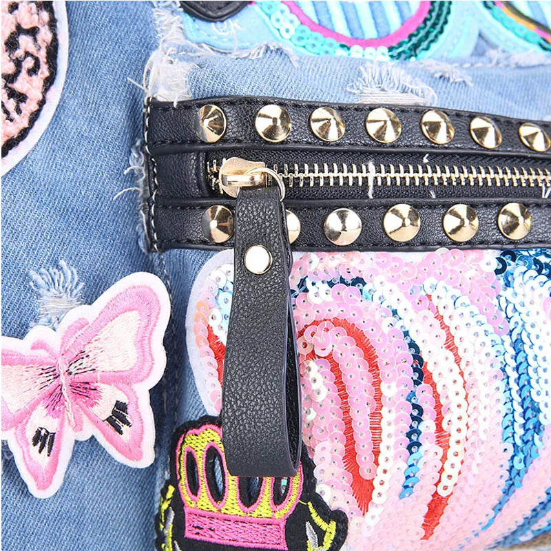 iPinee New Women Luggage Travel Bags Cute Cartoon Daypack Denim Bags Handbags Fashion Shoulder Bag Female