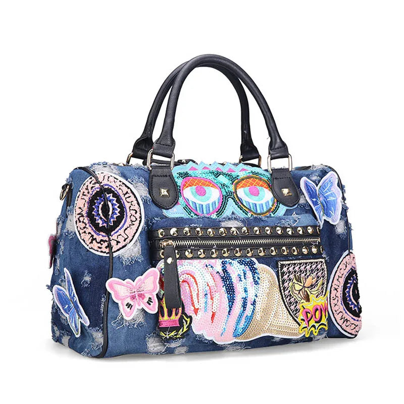 iPinee New Women Luggage Travel Bags Cute Cartoon Daypack Denim Bags Handbags Fashion Shoulder Bag Female