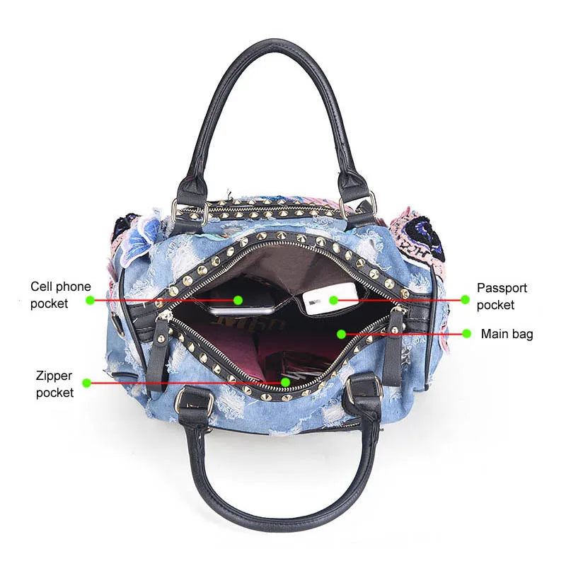 iPinee New Women Luggage Travel Bags Cute Cartoon Daypack Denim Bags Handbags Fashion Shoulder Bag Female