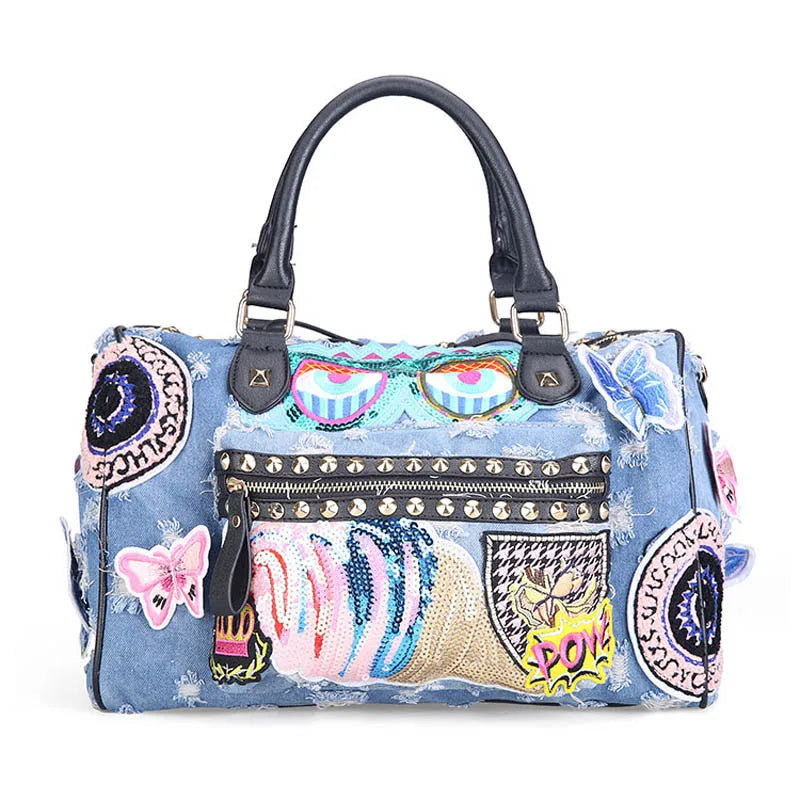 iPinee New Women Luggage Travel Bags Cute Cartoon Daypack Denim Bags Handbags Fashion Shoulder Bag Female