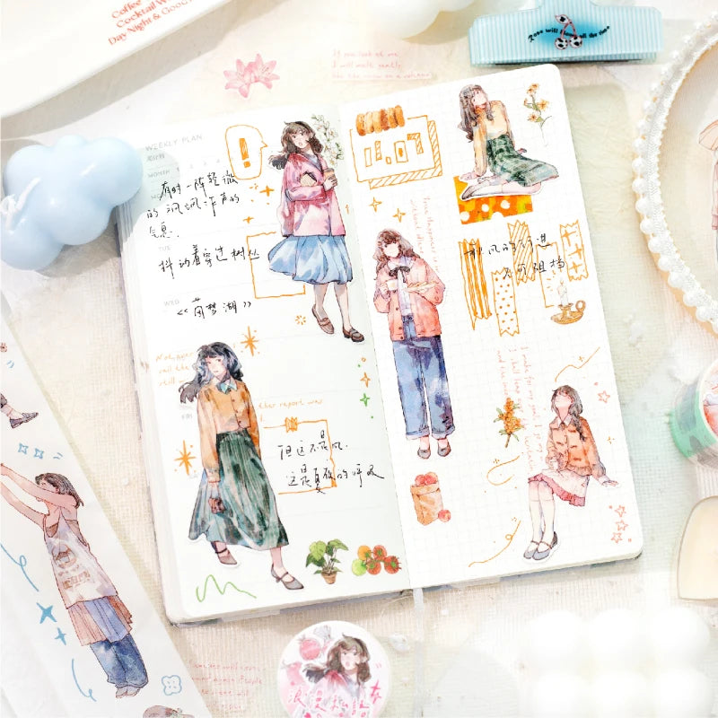 Journal GO 4.5x200cm Aesthetics Creative Girl Character Tape Sticker Diary Collage Junk Journal Scrapbooking Planner Washi Tape