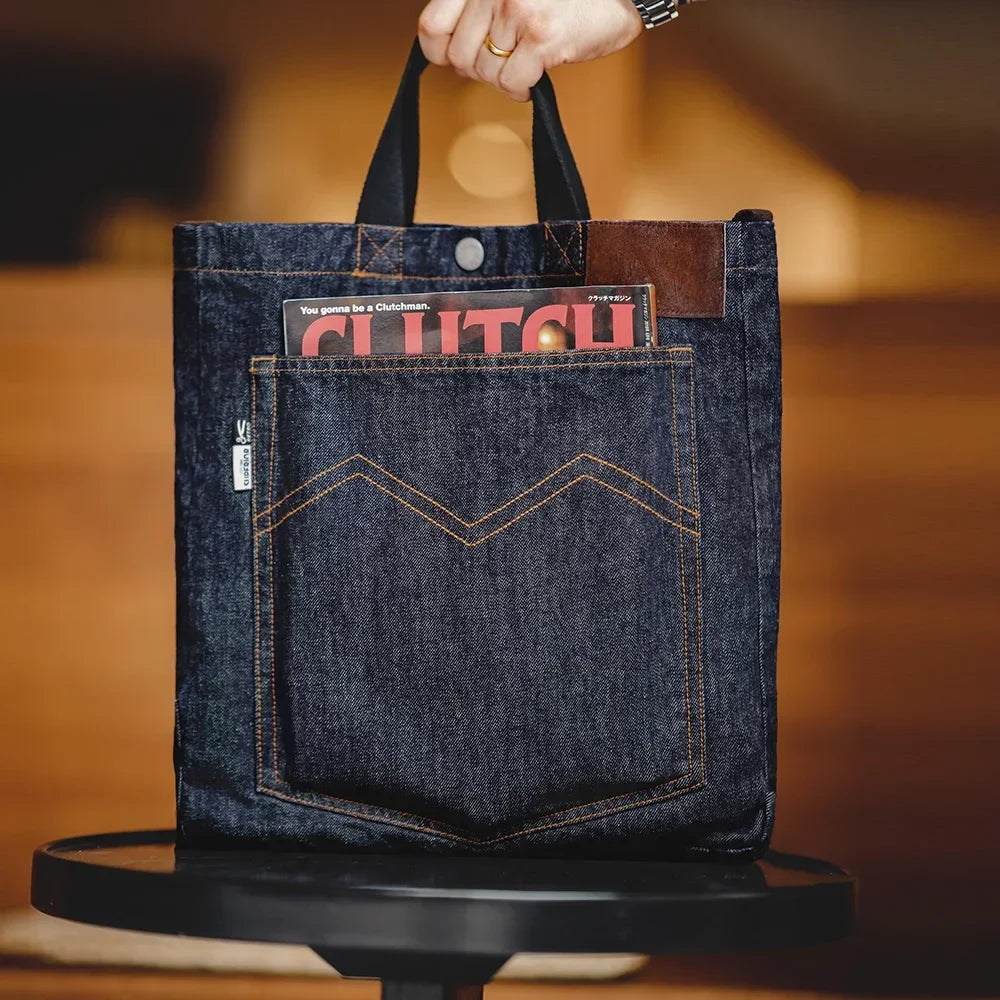 Maden Retro 14oz Denim Bags Unisex Single Shoulder Crossbody Bags Embroidered Versatile Hand-held Flat-panel Tote Bags for Daily