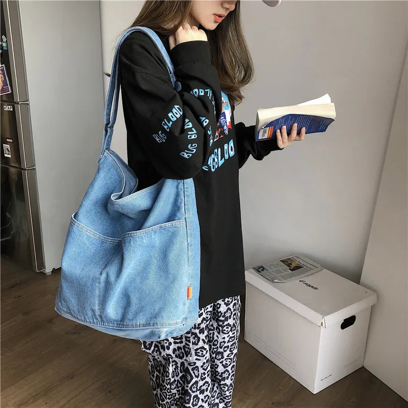Denim Solid Color Large Capacity Casual Tote 2026 Hot Sale High Quality Bags Daily Leisure Versatile Durable Shoulder Bags