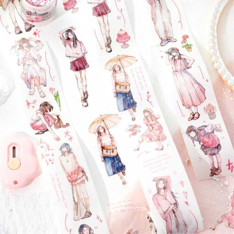 Journal GO 4.5x200cm Aesthetics Creative Girl Character Tape Sticker Diary Collage Junk Journal Scrapbooking Planner Washi Tape