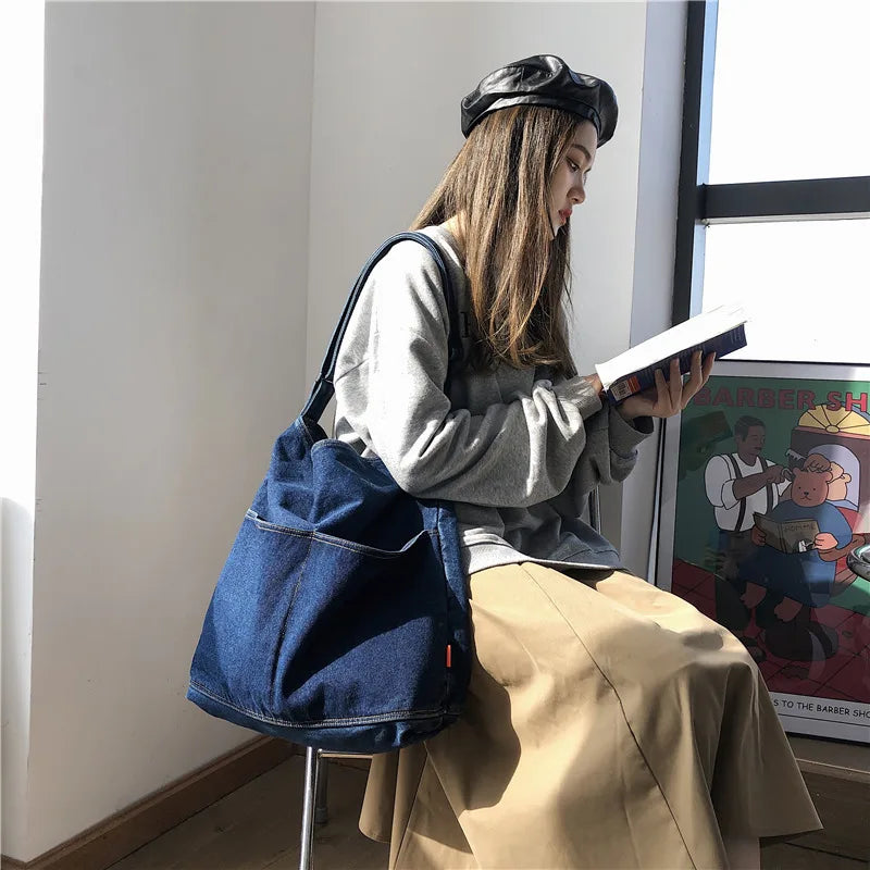 Denim Solid Color Large Capacity Casual Tote 2026 Hot Sale High Quality Bags Daily Leisure Versatile Durable Shoulder Bags